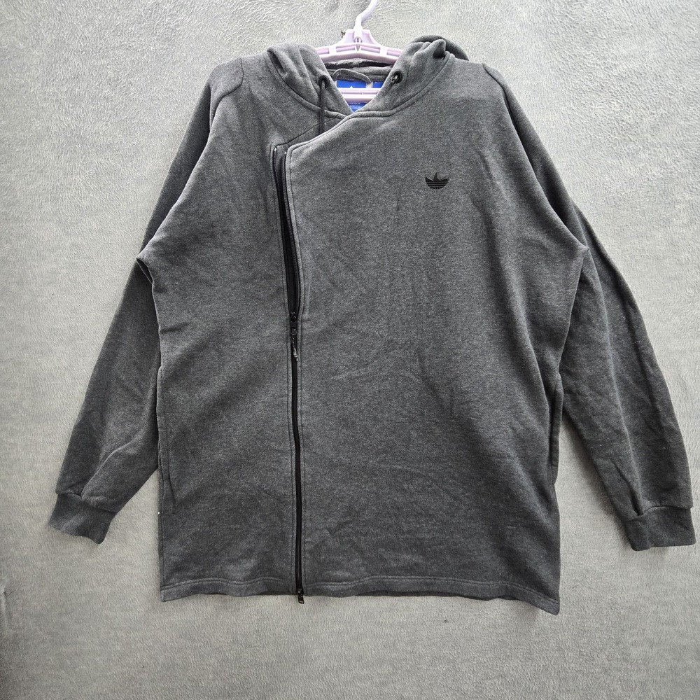 Adidas Men Jacket L Gray Fleece Activewear Zipper Logo Long Sleeve READ
